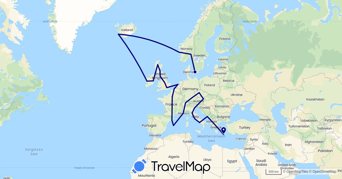 TravelMap itinerary: driving in Austria, Belgium, Switzerland, Czech Republic, Denmark, Spain, France, United Kingdom, Greece, Croatia, Ireland, Iceland, Italy, Netherlands, Norway (Europe)