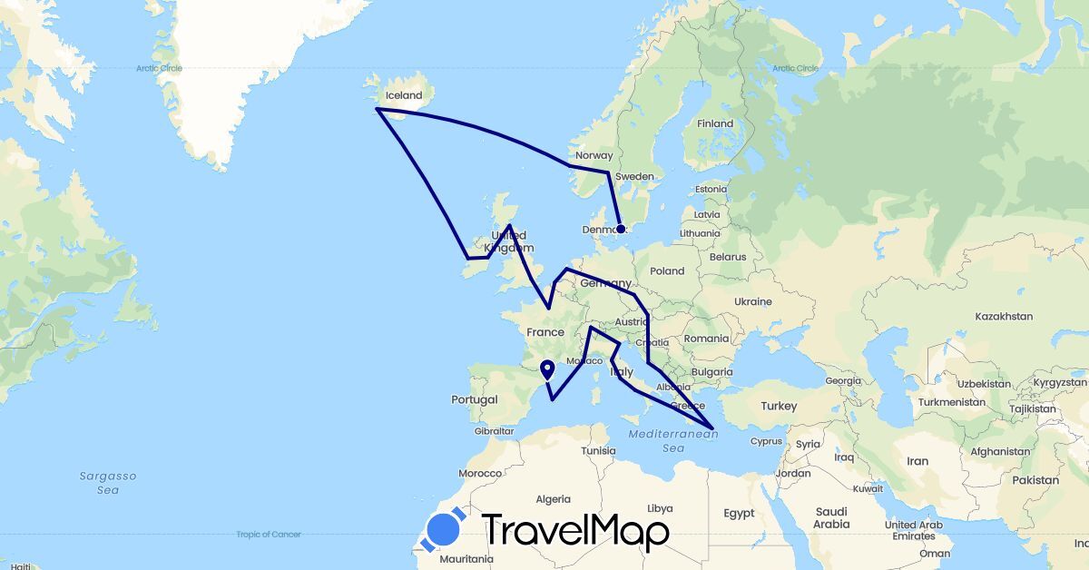 TravelMap itinerary: driving in Austria, Belgium, Switzerland, Czech Republic, Spain, France, United Kingdom, Greece, Croatia, Ireland, Iceland, Italy, Netherlands, Norway (Europe)
